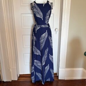 Elegant Navy Blue Leaf Print 2 piece top and skirt